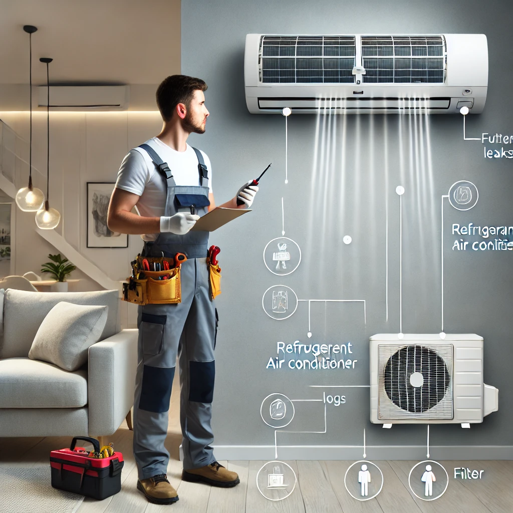 a man standing in front of a wall mounted air conditioner